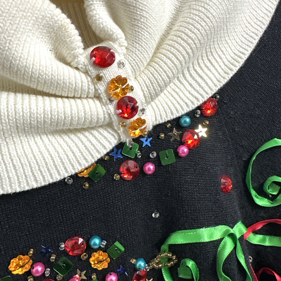 Vtg Christmas Sweater Ornaments Beaded Sequins Ribbon Black White S/M Holiday - Picture 3 of 14